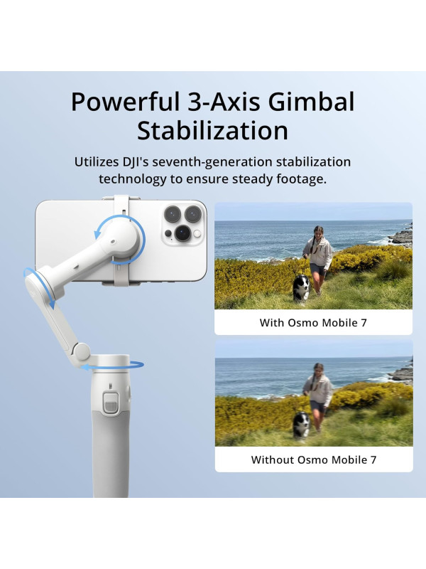 DJI Osmo Mobile 7 Gimbal Stabilizer for iPhone, Android, Built-in Tripod, Ultra-Light, Comfortable Grip, 3-Axis Phone Gimbal, ActiveTrack 7.0, ShotGuides, One-Tap Edit, 10hrs Use, Phone Charging