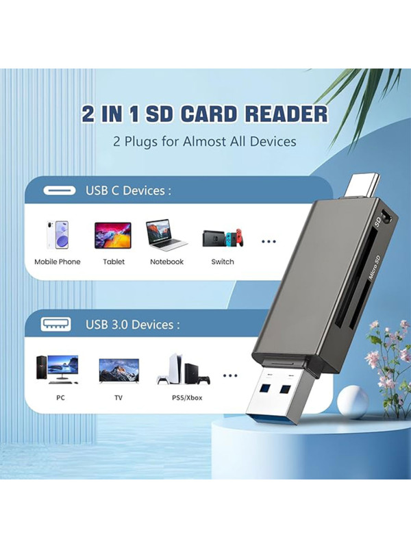 Micro SD Card Reader 2 in 1 Micro to C OTG Adapter Portable Memory Card Reader for SD TF SDXC SDHC MMC RS-MMC Micro SD Micro SDXC Micro SDHC Card and UHS-I Cards