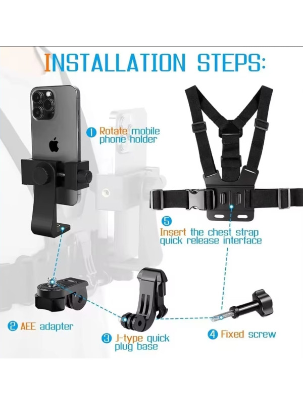 Phone Chest Mount Harness Holder - Phone Strap Clip - Compatible with iPhone Samsung GoPro 13/12/11/10/9/8 DJI Osmo and other