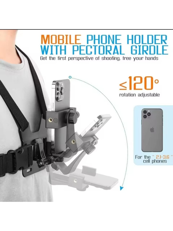 Phone Chest Mount Harness Holder - Phone Strap Clip - Compatible with iPhone Samsung GoPro 13/12/11/10/9/8 DJI Osmo and other