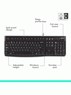 Logitech K120 Wired Keyboard , Full-Size, Spill-Resistant, Curved Space Bar, Compatible with PC, Laptop - Black Logitech K120 Wired Keyboard , Full-Size, Spill-Resistant, Curved Space Bar, Compatible with PC, Laptop - Black