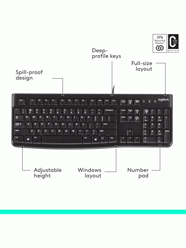 Logitech K120 Wired Keyboard , Full-Size, Spill-Resistant, Curved Space Bar, Compatible with PC, Laptop - Black