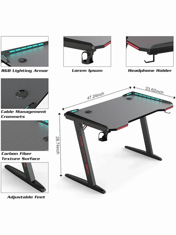 Z8 RGB Gaming Desk  With Z-Shaped Steel Frame, 120CM Carbon Fiber Surface, 4+3 LED Colors, Headset Hook, Cup Holder, ABS Armor, Anti-Pressure Feet – Black & Red
