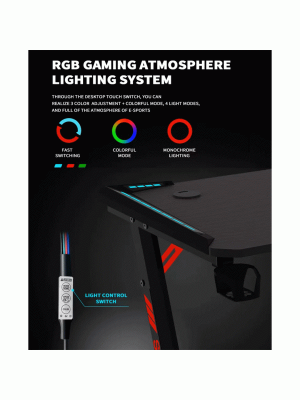 Z8 RGB Gaming Desk  With Z-Shaped Steel Frame, 120CM Carbon Fiber Surface, 4+3 LED Colors, Headset Hook, Cup Holder, ABS Armor, Anti-Pressure Feet – Black & Red