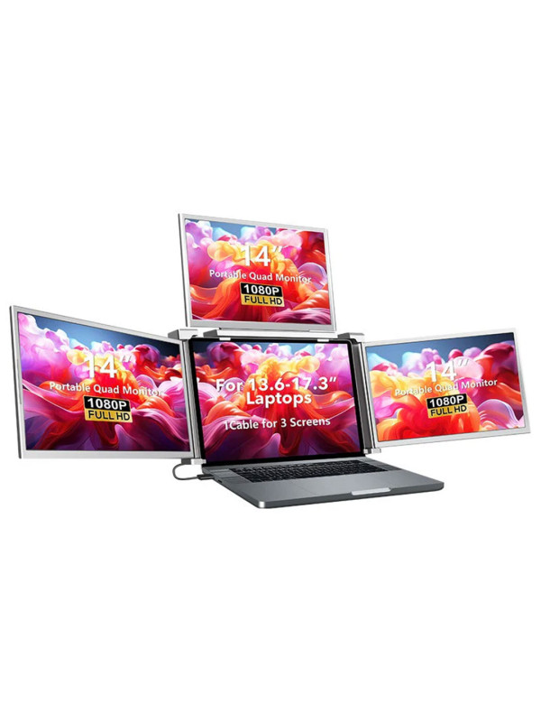 14" Inch Portable Quad Screen Laptop Monitor Extender - Just 1 Cable for 3 Screens