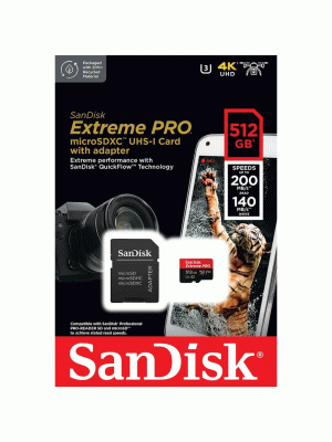 SanDisk Extreme PRO microSDXC UHS-I Memory Card 512 GB + Adapter & RescuePRO Deluxe, for Smartphones, Action Cameras or Drones, U3, 200 MB/s Transfer SanDisk Extreme PRO microSDXC UHS-I Memory Card 512 GB + Adapter & RescuePRO Deluxe, for Smartphones, Action Cameras or Drones, U3, 200 MB/s Transfer