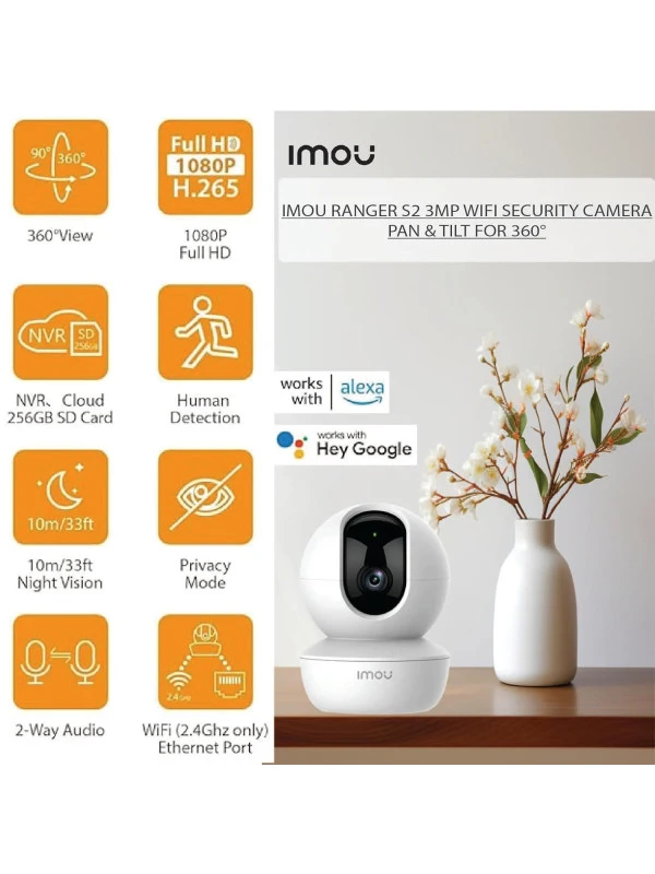 Imou Ranger S2 3MP WiFi Security Camera, Pan & Tilt for 360°, Human Detection, Smart Tracking, 2-Way Audio, Night Vision, Alexa Google Assistant, Up to 256GB SD Card Support