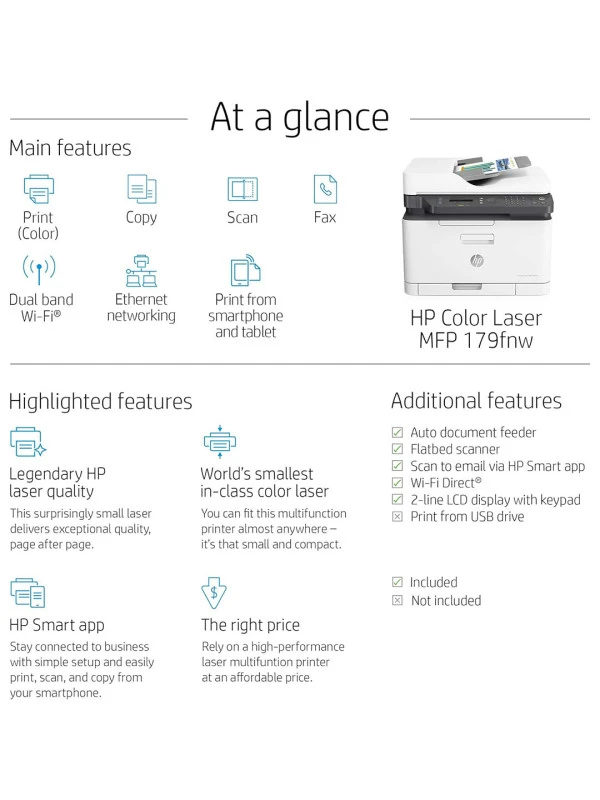 HP Color Laser 179fnw Wireless All in One Laser Printer with Mobile Printing & Built-in Ethernet, Works with Alexa