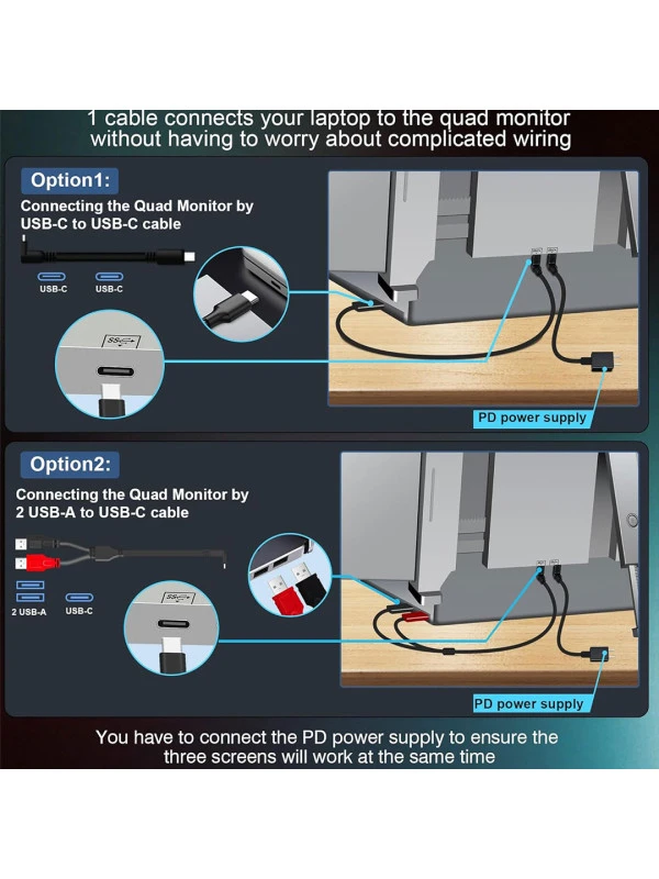 Quad Portable Laptop Monitor 16" Laptop Extender, Just 1 Cable for 3 Screens
