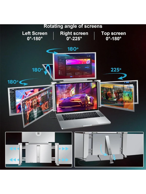 Quad Portable Laptop Monitor 16" Laptop Extender, Just 1 Cable for 3 Screens