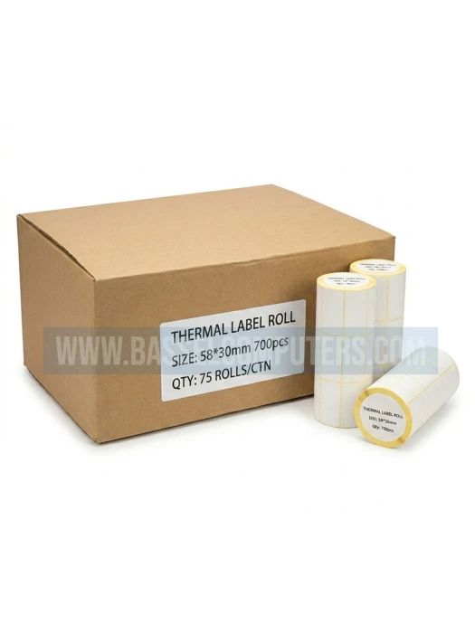 Thermal Barcode Label Rolls 58x30mm - Box of 75 Rolls 