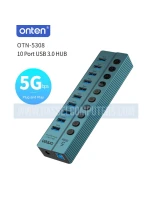 Onten OTN-5308 10-Port USB-A 3.2 Hub | 5Gbps Powered USB Hub with Individual Switches