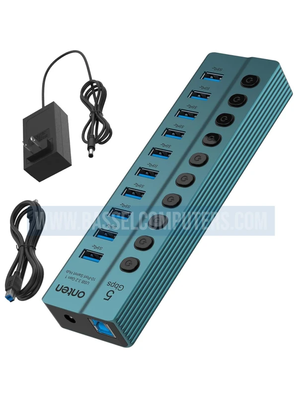 Onten OTN-5308 10-Port USB-A 3.2 Hub | 5Gbps Powered USB Hub with Individual Switches