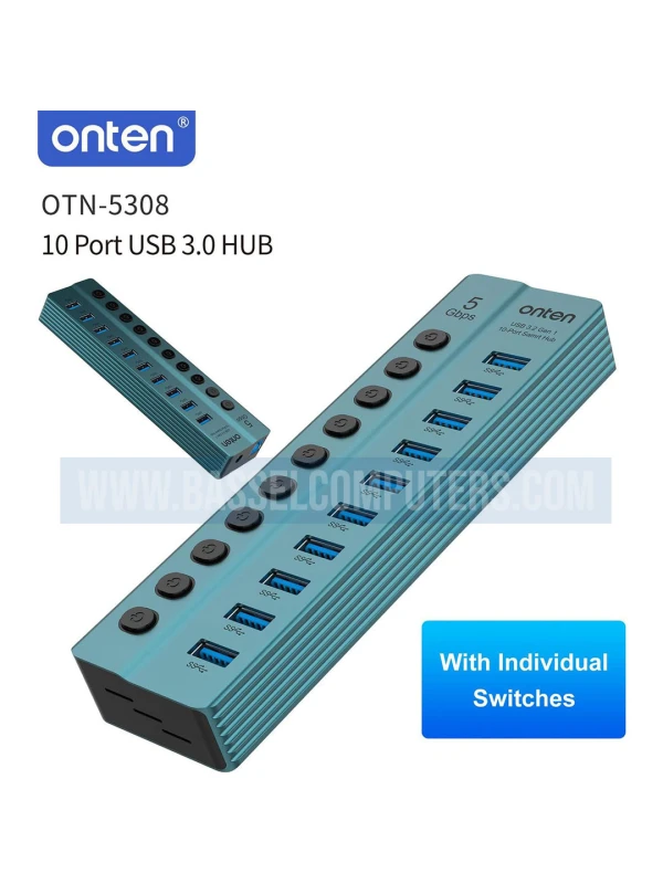 Onten OTN-5308 10-Port USB-A 3.2 Hub | 5Gbps Powered USB Hub with Individual Switches