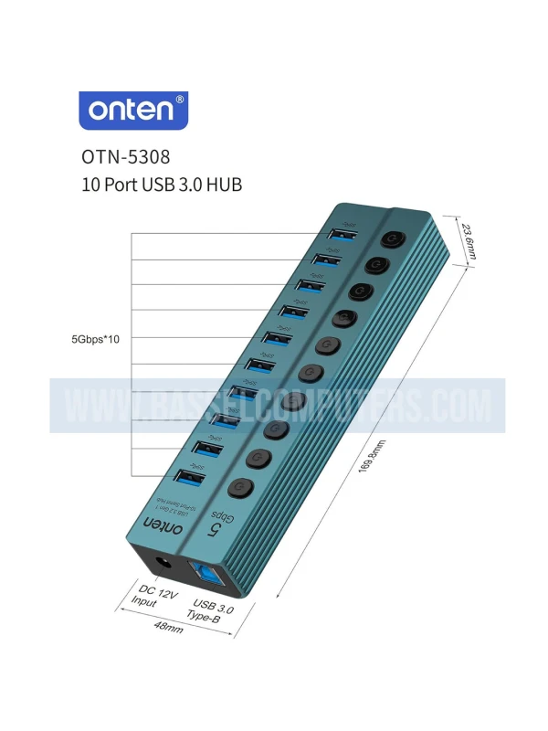 Onten OTN-5308 10-Port USB-A 3.2 Hub | 5Gbps Powered USB Hub with Individual Switches