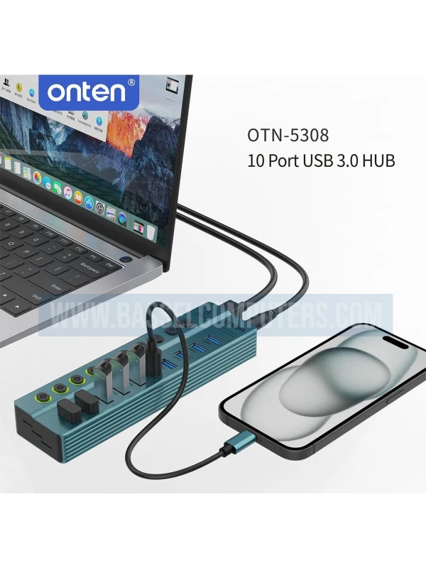 Onten OTN-5308 10-Port USB-A 3.2 Hub | 5Gbps Powered USB Hub with Individual Switches