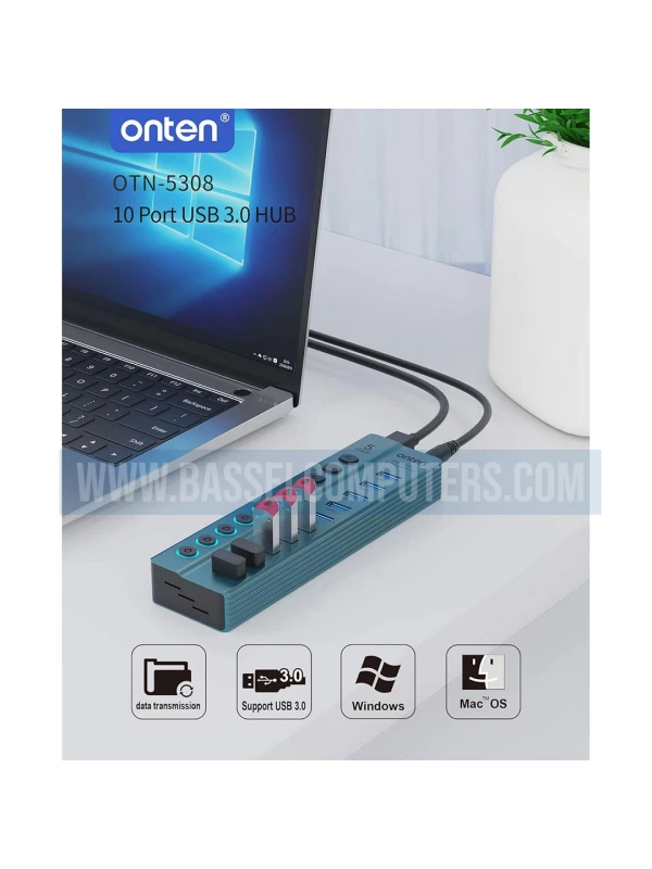 Onten OTN-5308 10-Port USB-A 3.2 Hub | 5Gbps Powered USB Hub with Individual Switches
