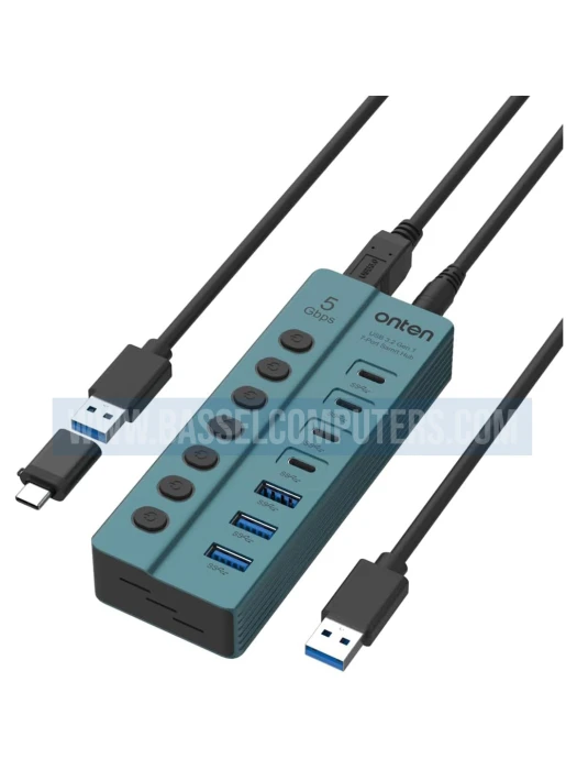 Onten 7-Port USB 3.0 Hub | 3 USB-A + 4 USB-C | 5Gbps High-Speed Data Hub with Individual Switches & Power Adapter