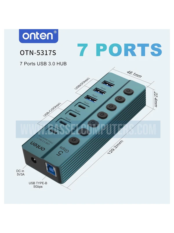 Onten 7-Port USB 3.0 Hub | 3 USB-A + 4 USB-C | 5Gbps High-Speed Data Hub with Individual Switches & Power Adapter