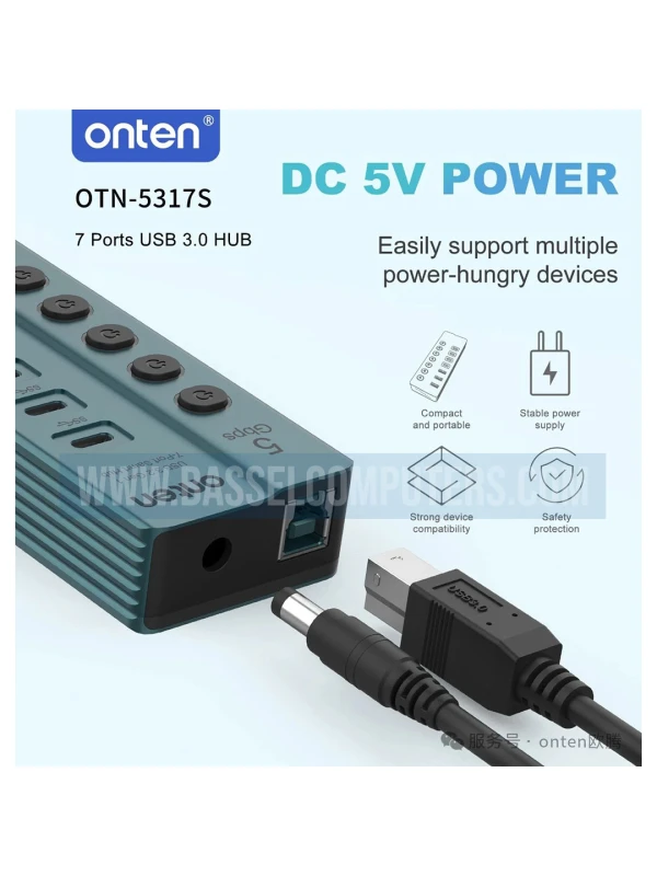 Onten 7-Port USB 3.0 Hub | 3 USB-A + 4 USB-C | 5Gbps High-Speed Data Hub with Individual Switches & Power Adapter