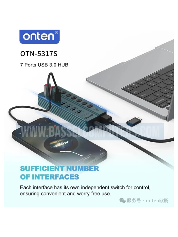 Onten 7-Port USB 3.0 Hub | 3 USB-A + 4 USB-C | 5Gbps High-Speed Data Hub with Individual Switches & Power Adapter