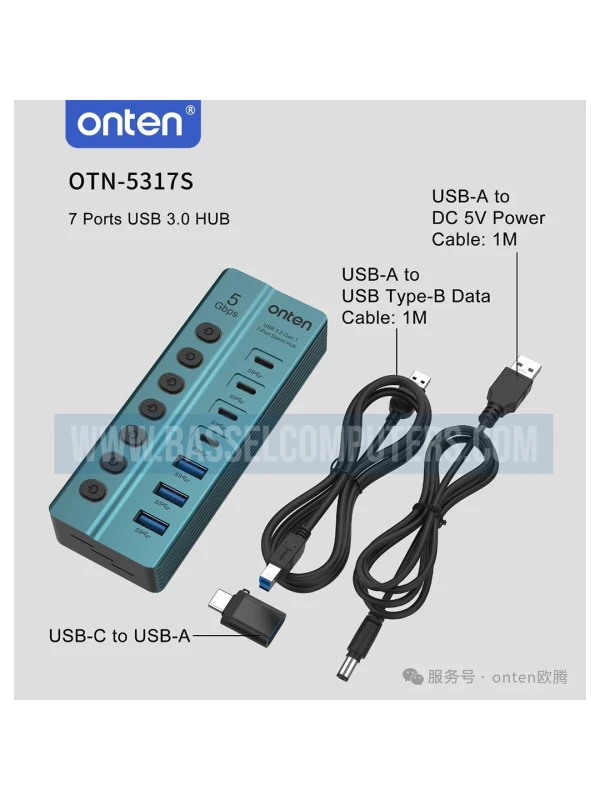 Onten 7-Port USB 3.0 Hub | 3 USB-A + 4 USB-C | 5Gbps High-Speed Data Hub with Individual Switches & Power Adapter