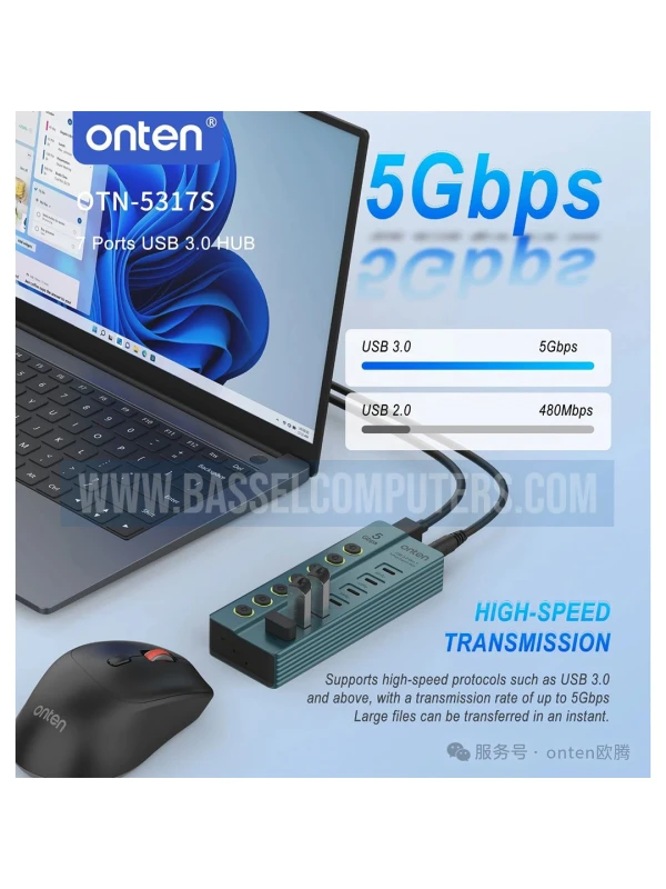 Onten 7-Port USB 3.0 Hub | 3 USB-A + 4 USB-C | 5Gbps High-Speed Data Hub with Individual Switches & Power Adapter