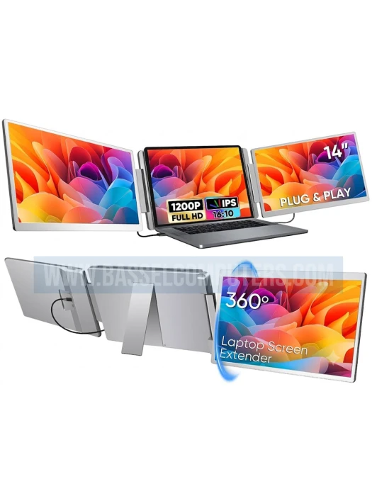 14" Inch Portable Triple Screen Laptop Monitor Extender - Dual IPS Full HD 1200P Displays