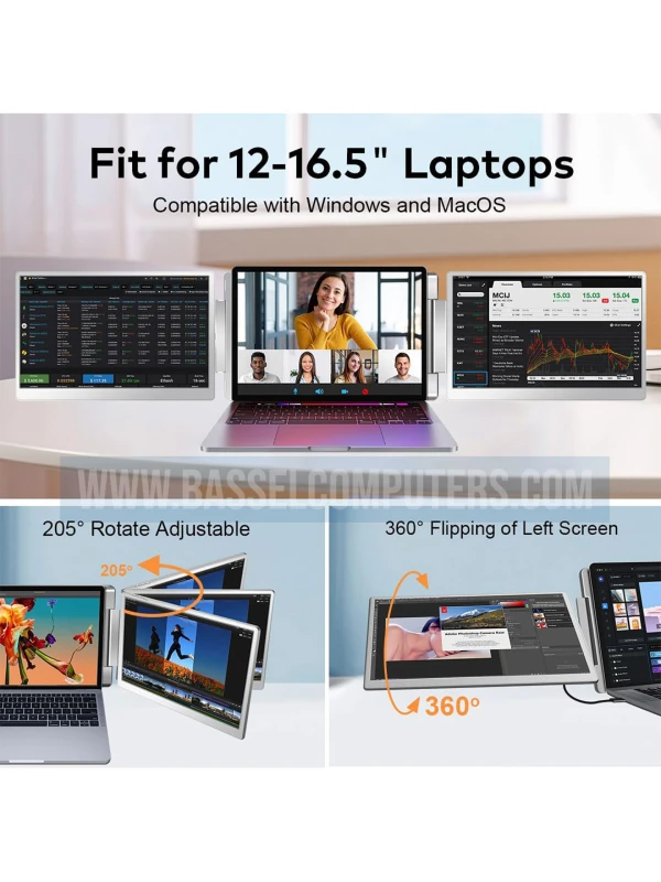 14" Inch Portable Triple Screen Laptop Monitor Extender - Dual IPS Full HD 1200P Displays