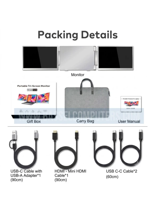 14" Inch Portable Triple Screen Laptop Monitor Extender - Dual IPS Full HD 1200P Displays