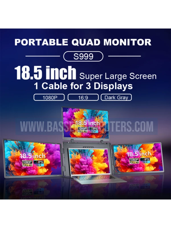 Portable 18.5" Quad Screen Monitor for Laptop | Triple IPS Displays | 1080p Full HD | Single USB-C Setup