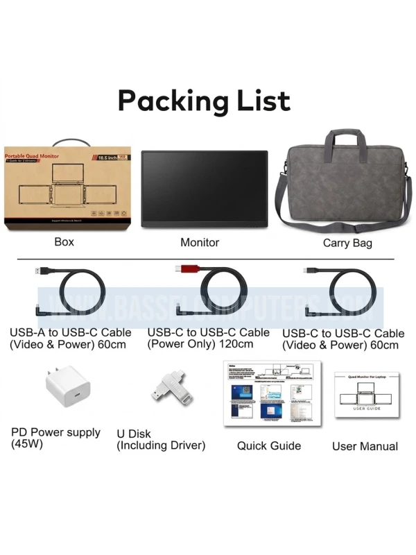 Portable 18.5" Quad Screen Monitor for Laptop | Triple IPS Displays | 1080p Full HD | Single USB-C Setup