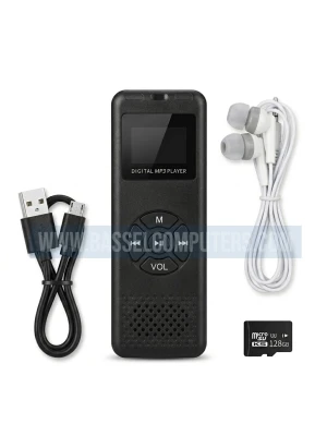 Portable Bluetooth Digital MP3 Player with 128GB Micro SD Card, USB Charging Cable & Wired Earphones Included