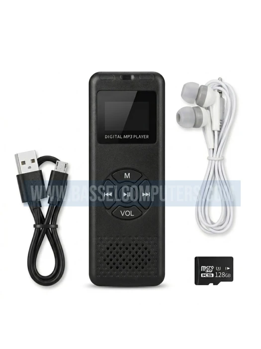 Portable Bluetooth Digital MP3 Player with 128GB Micro SD Card, USB Charging Cable & Wired Earphones Included