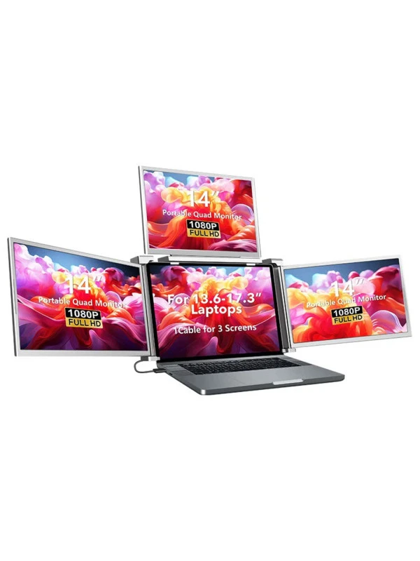 14" Inch Portable Quad Screen Laptop Monitor Extender - Just 1 Cable for 3 Screens