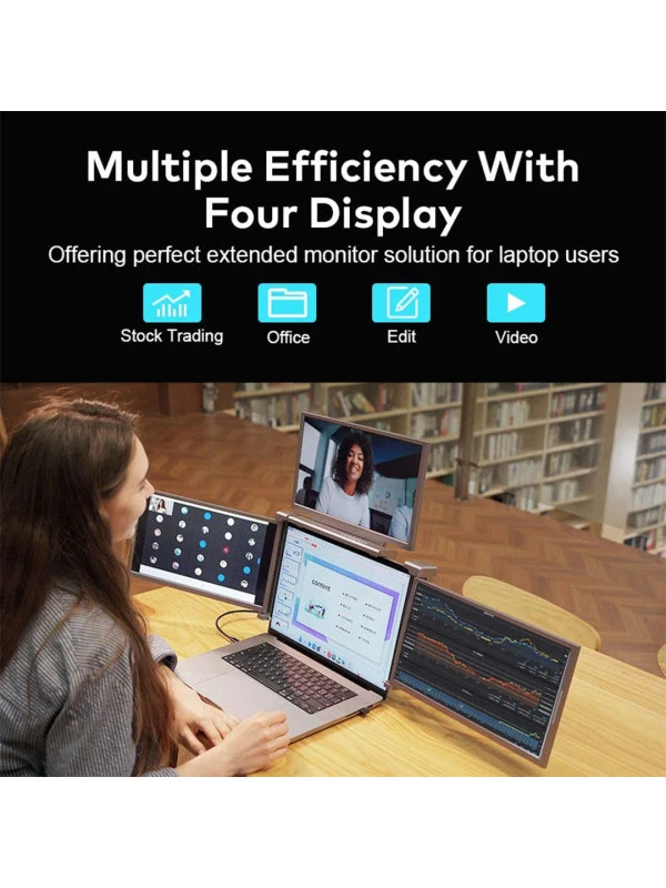 14" Inch Portable Quad Screen Laptop Monitor Extender - Just 1 Cable for 3 Screens