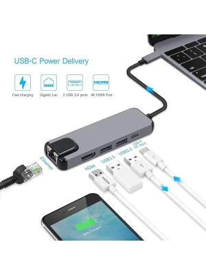 5 IN 1 TYPE C ADAPTER - USB C HUB, 2 X USB, HDMI, LAN, PD