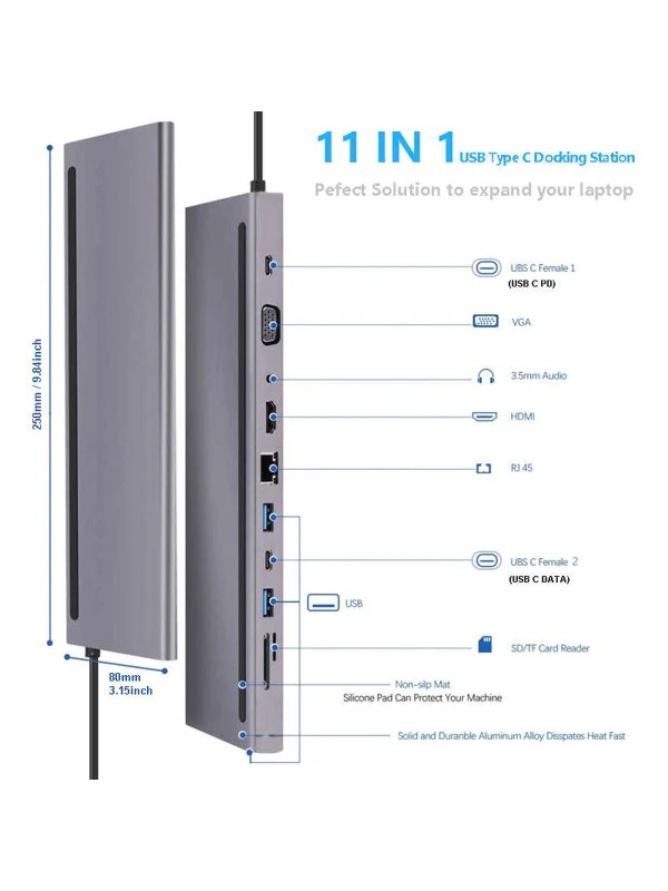 11 in 1 USB Type C Hub Adapter Laptop Docking Station