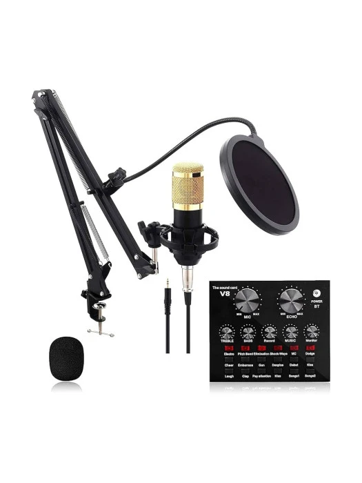 Podcast Equipment Bundle with Audio set Interface Voice Changer Condenser Karaoke Microphone Mic Stand and Mic Pop Filter